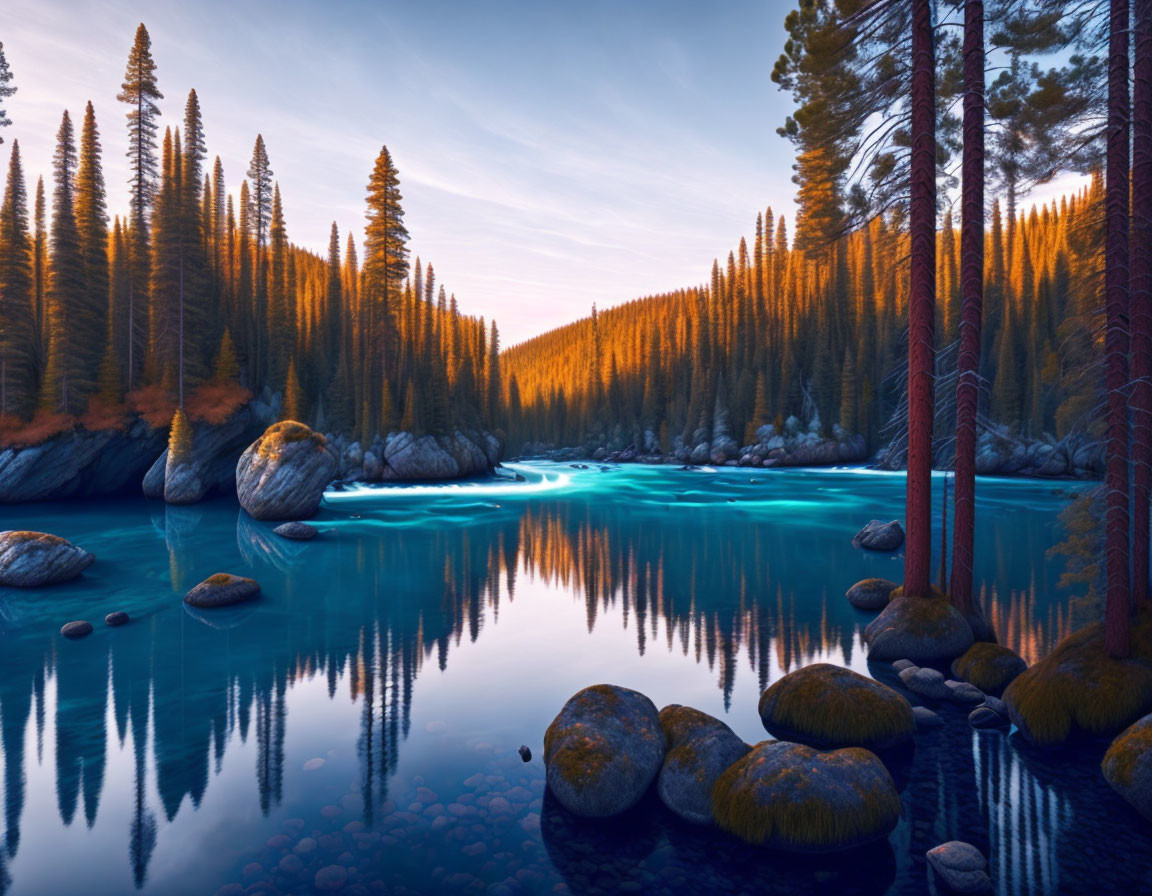 Tranquil blue river in pine forest at sunset