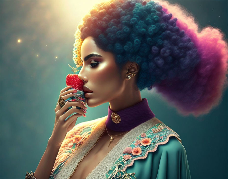 Colorful Afro-haired Woman Holding Strawberry in Teal Blouse