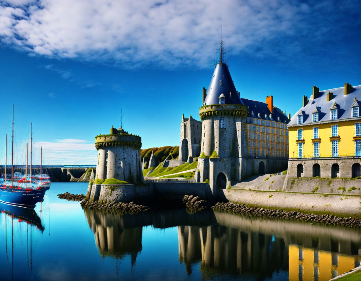 Historical castle with turrets by marina and sailboats under blue sky