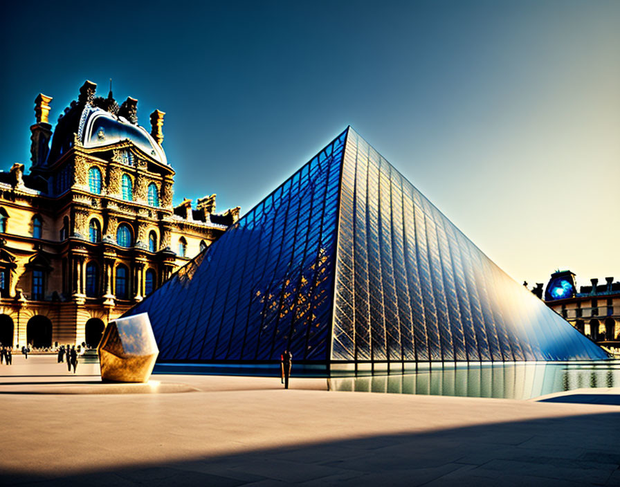 Louvre Pyramid in Courtyard: Clear Sky, Golden Sunlight, Visitors