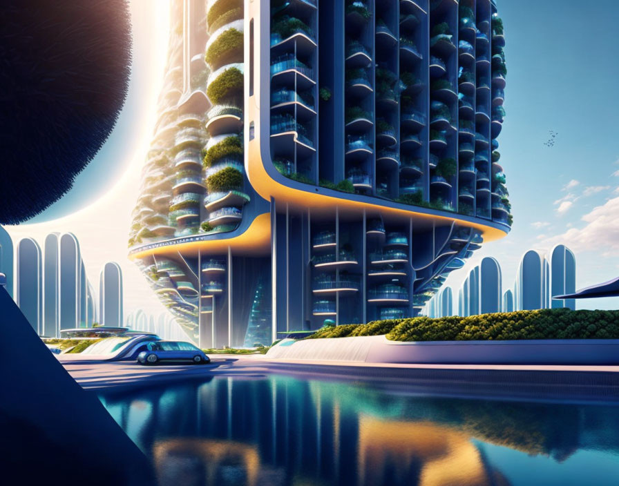 Futuristic cityscape with vertical garden building and autonomous vehicle