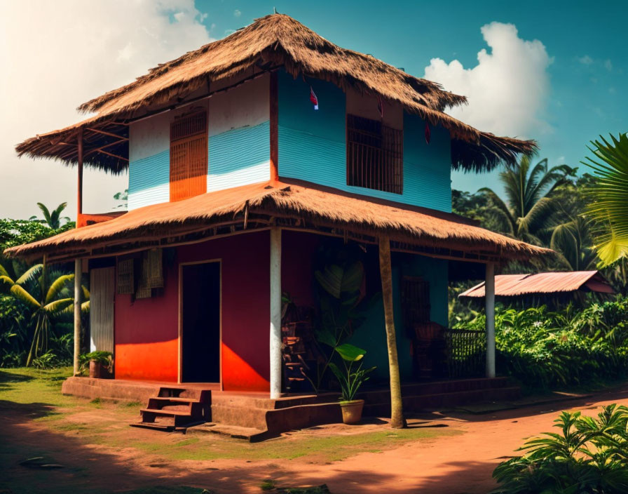 Colorful two-story thatched roof house in tropical setting