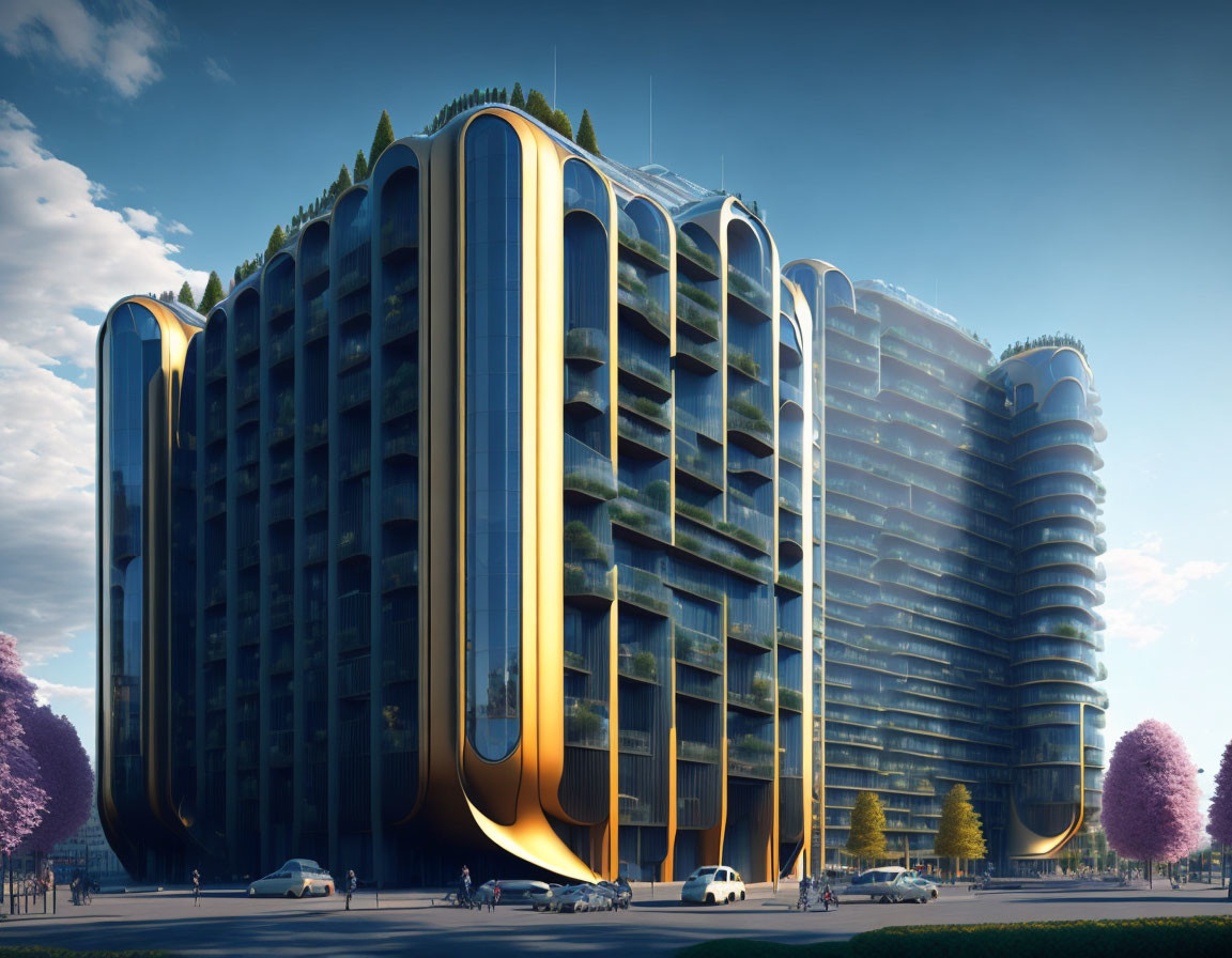 Futuristic building with greenery balconies and pink trees on street.