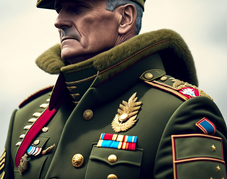 Military officer in decorated green uniform with medals, posing sternly.