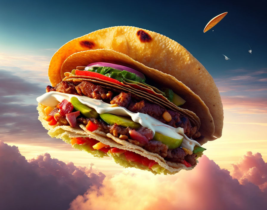 Succulent taco with fresh vegetables and cheese under dreamy sky