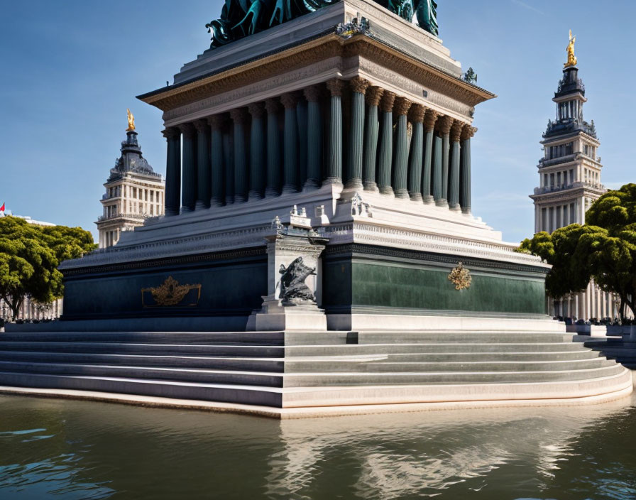 Neoclassical monument with statues and columns near water and ornate towers