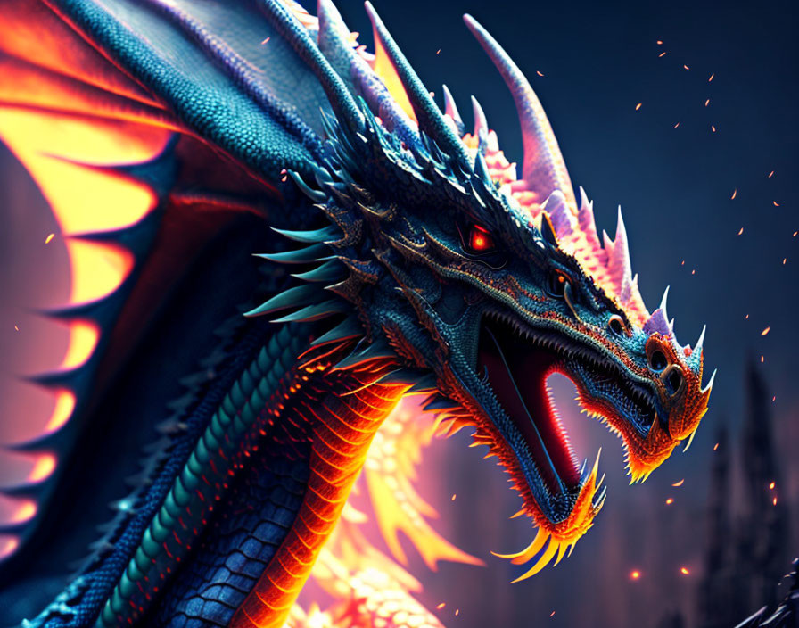 Detailed depiction: Fierce dragon with blue scales, sharp horns, and glowing red eyes in dark sky