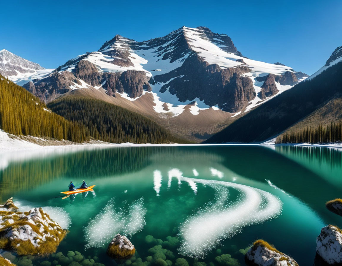 Kayaker on Turquoise Lake with Snow-Capped Mountains