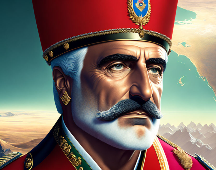 Regal man in red military uniform with mustache, mountain backdrop