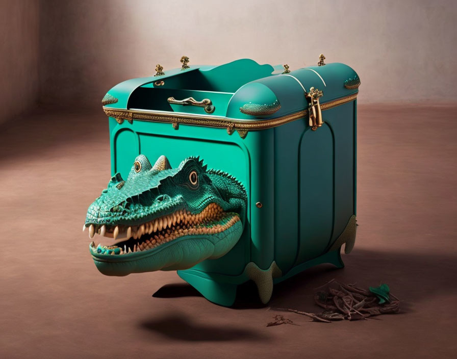 Teal crocodile-themed suitcase against pink wall