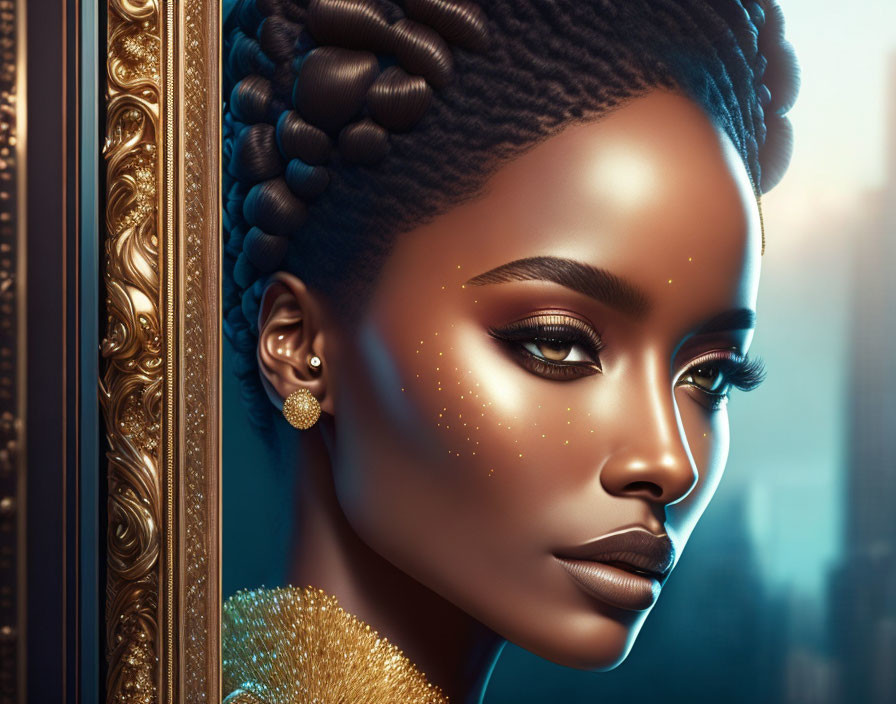 Digital portrait of a woman with braided hair, glowing skin, gold speckles, and elegant