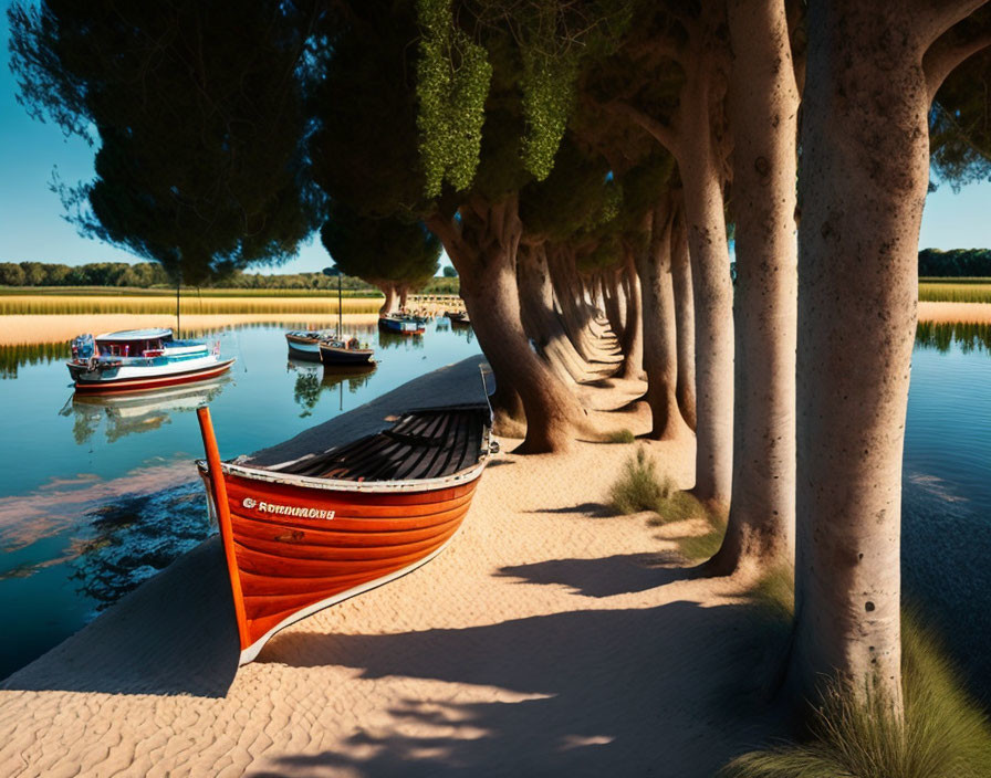 Tranquil lake scene with small boats, trees, and reflections