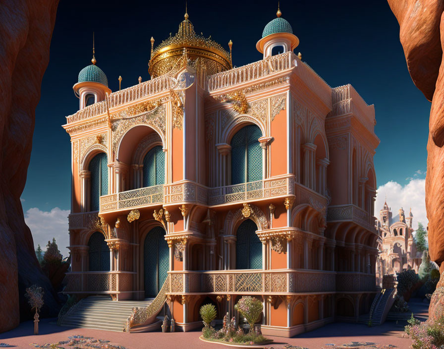 Palatial building with domed towers and golden details among red rock formations