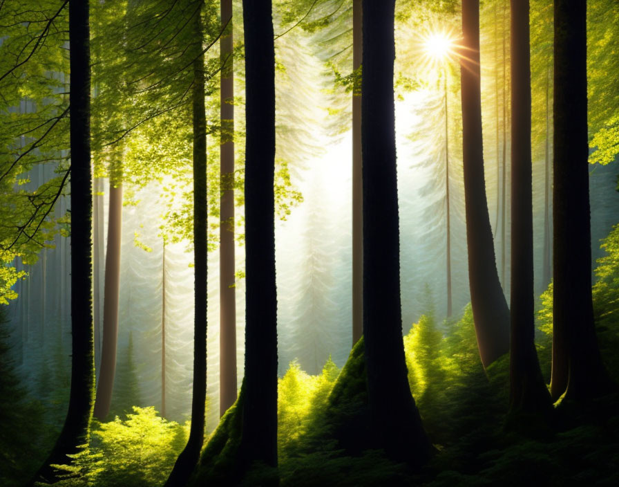 Sunbeams shining through dense green forest, creating mystical atmosphere