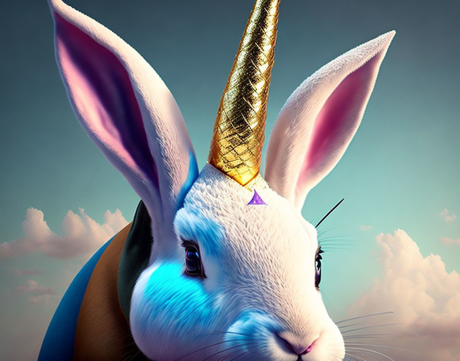 Colorful digital artwork: White rabbit with golden unicorn horn and vibrant blue eyes in sky setting