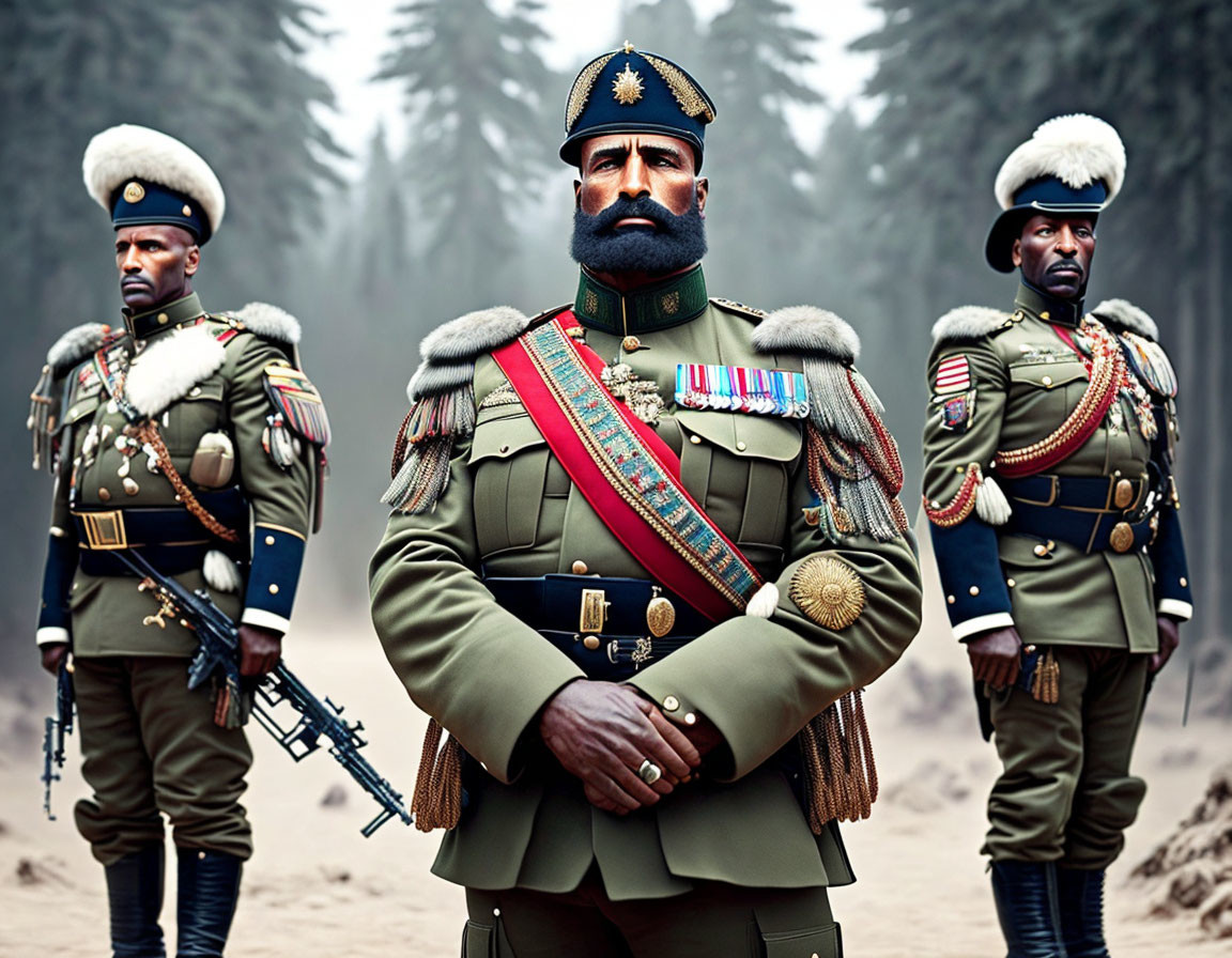 Ceremonial soldiers in uniform with medals and furry hats in misty forest