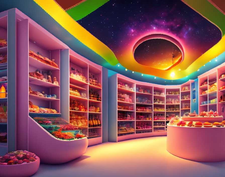 Colorful surreal grocery store with cosmic backdrop