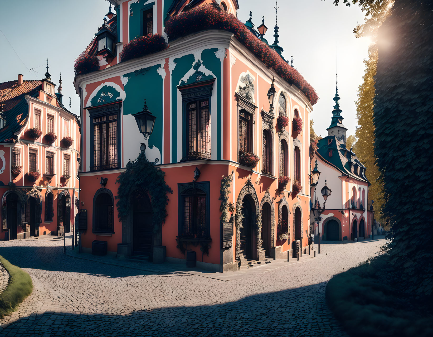 Colorful cobblestone street with ornate buildings and floral decorations.