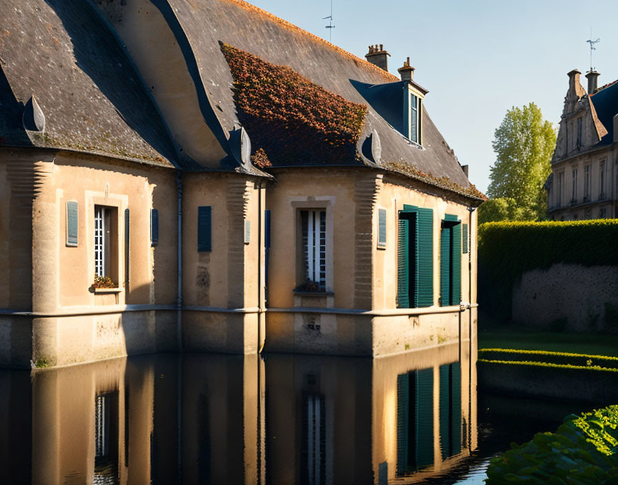 Historic House Reflecting in Water at Sunset