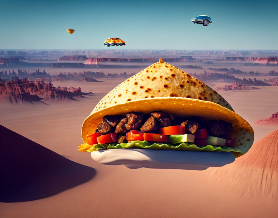 Giant taco in desert with flying cars & hot air balloon