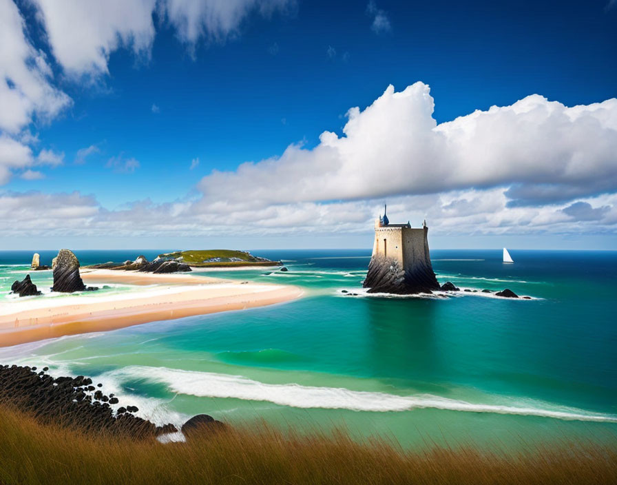 Coastal landscape with lighthouse, beach, sailboat, and emerald waters