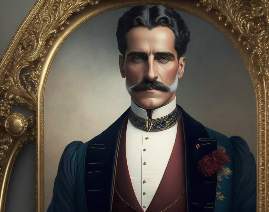 Vintage suit man with styled mustache in ornate mirror frame.