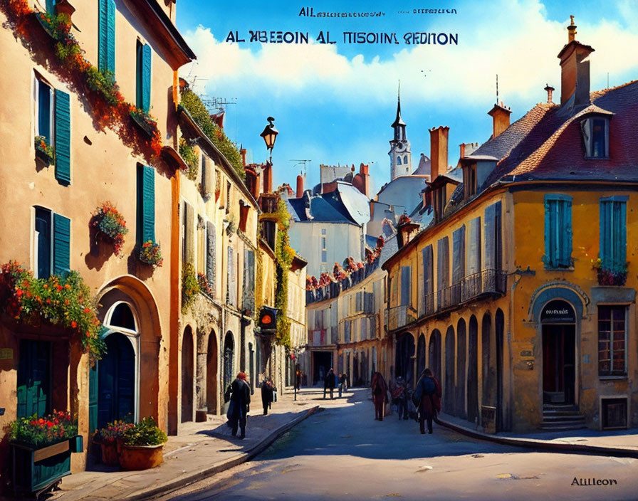 Colorful two-story buildings and people in vibrant street scene