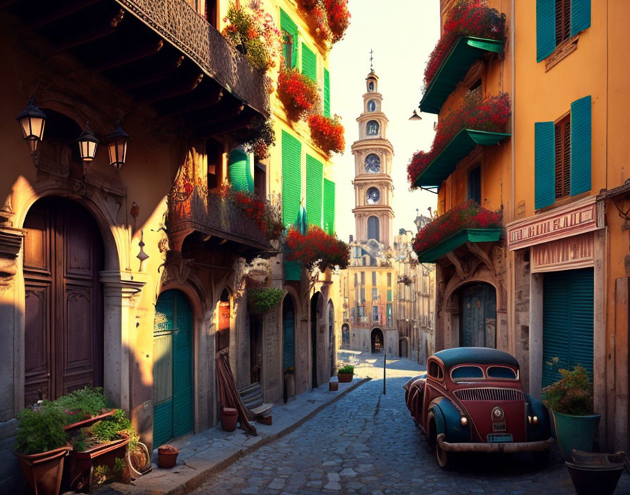 Vintage architecture and cobblestone street with plants, old-fashioned car in golden light