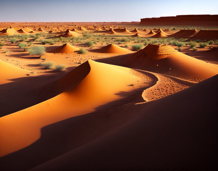 Vast Golden Sand Dunes and Fortress Wall Landscape