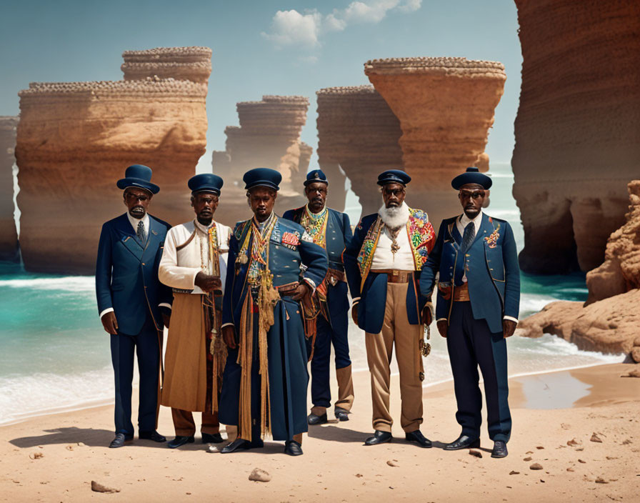 Men in ornate uniforms with blue hats on sandy beach with rock formations