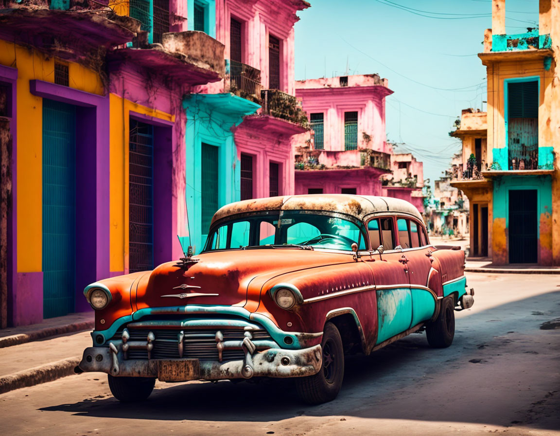 Vintage Red Car Parked on Colorful Street with Pastel-Hued Buildings