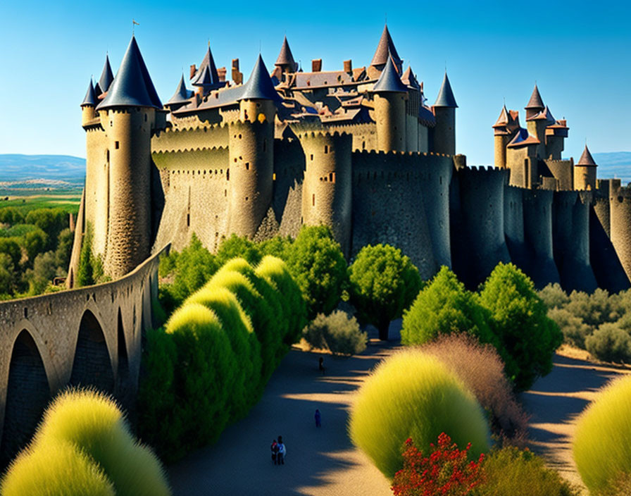 Medieval castle with spires in lush green landscape