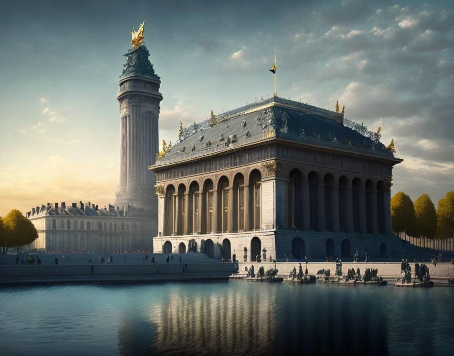 Majestic columned building with golden statue by reflective water