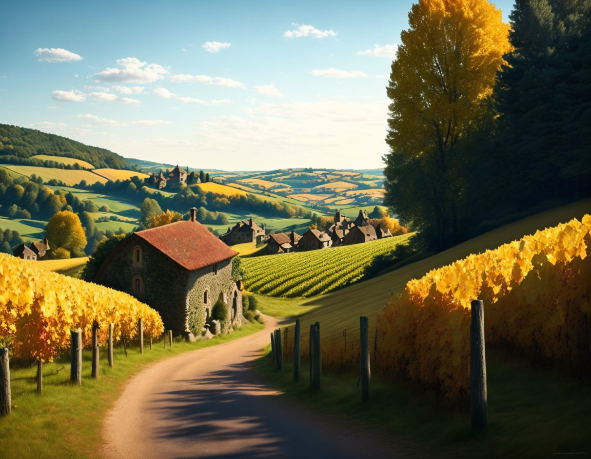 Tranquil countryside landscape with winding road, stone cottage, vineyards, green hills, and village