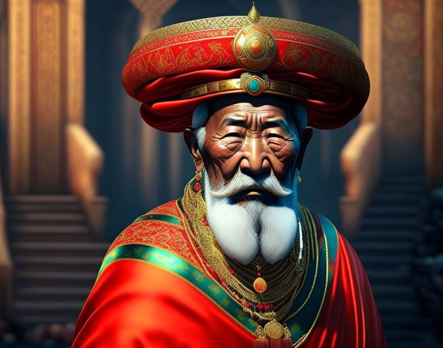 Elderly Asian man in traditional outfit against blurred architecture.