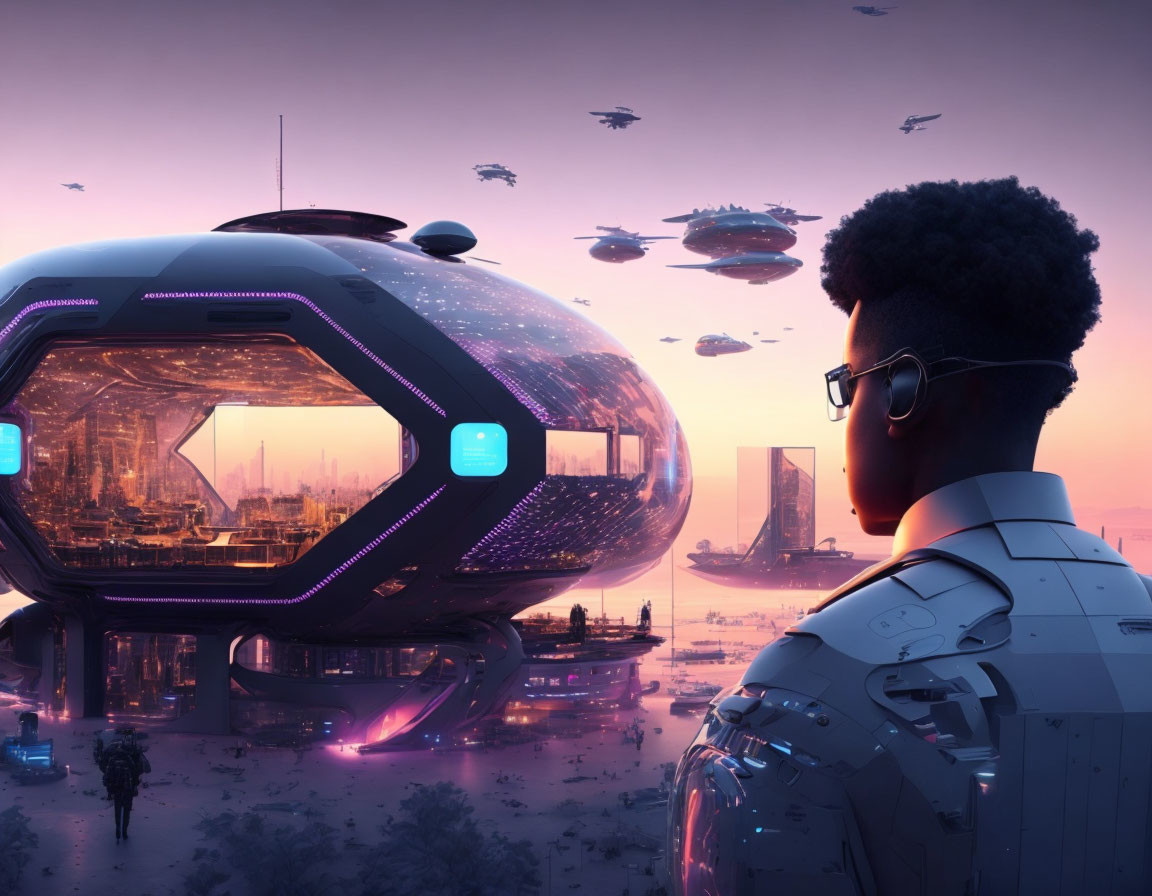 Futuristic attire person views sci-fi cityscape with flying vehicles and dome structure at dusk