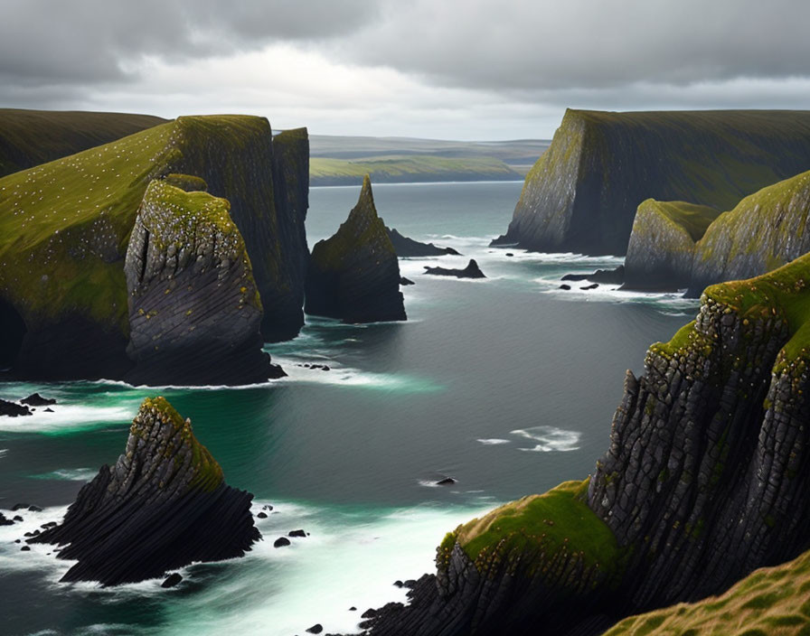 Mossy cliffs by the sea under moody sky with crashing waves