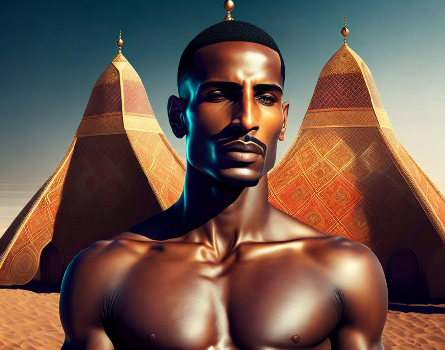 Fantasy-themed illustration of a shirtless man with stylized beard in desert setting