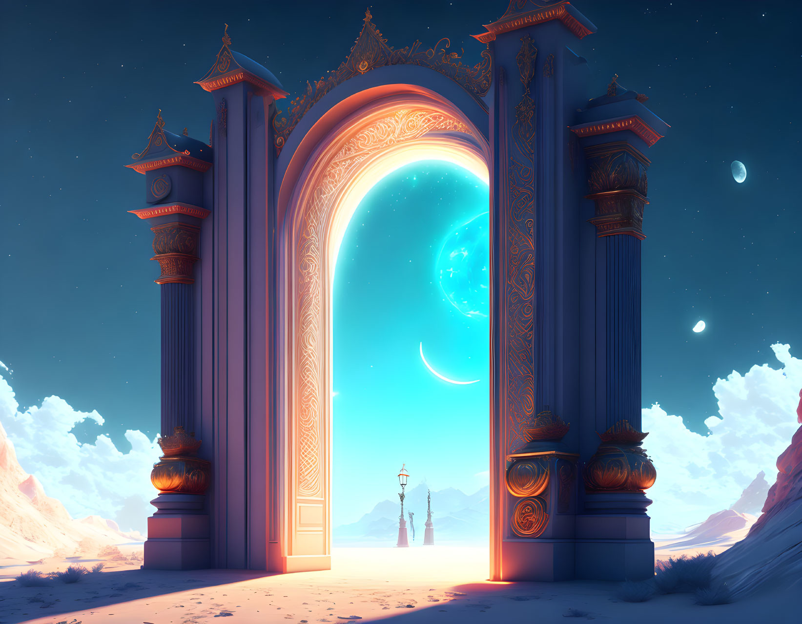 Intricate archway with celestial scene and figures at dusk