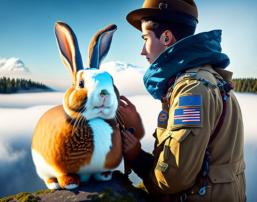 Boy scout petting giant rabbit on mountain summit above clouds