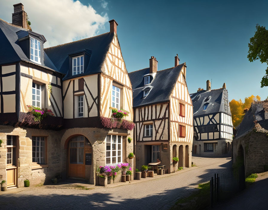 Traditional European Village Street with Half-Timbered Houses