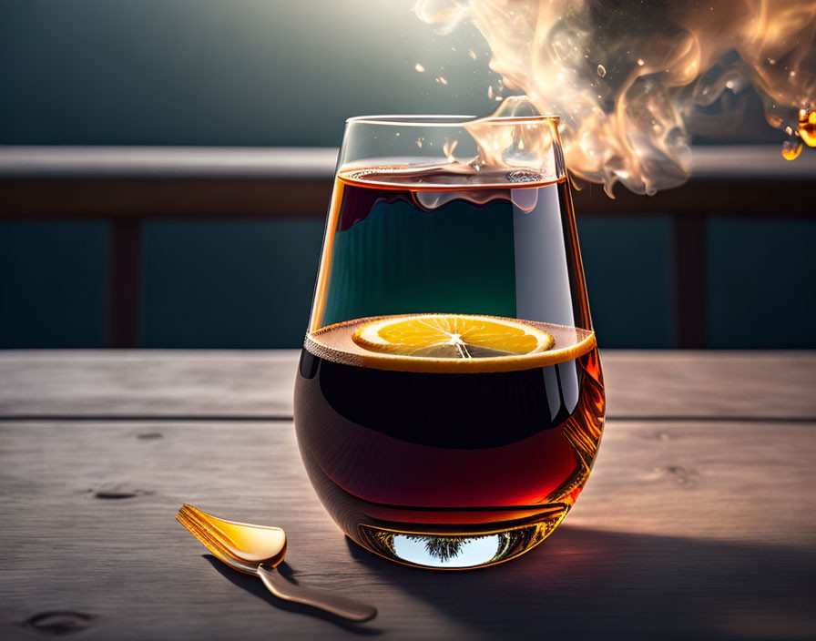 Glass of Cognac with Orange Slice and Flames on Wooden Table at Dusk