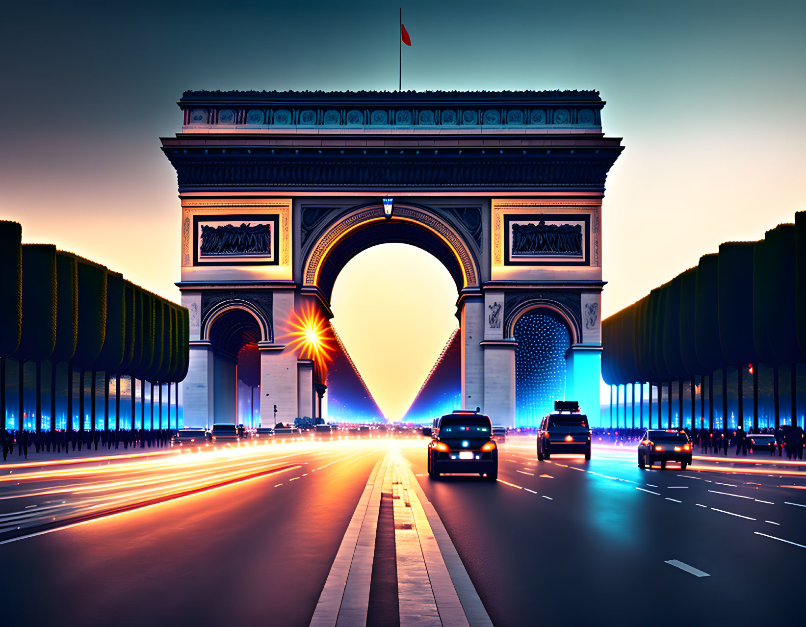 Twilight view of Arc de Triomphe with Champs-Élysées traffic trails