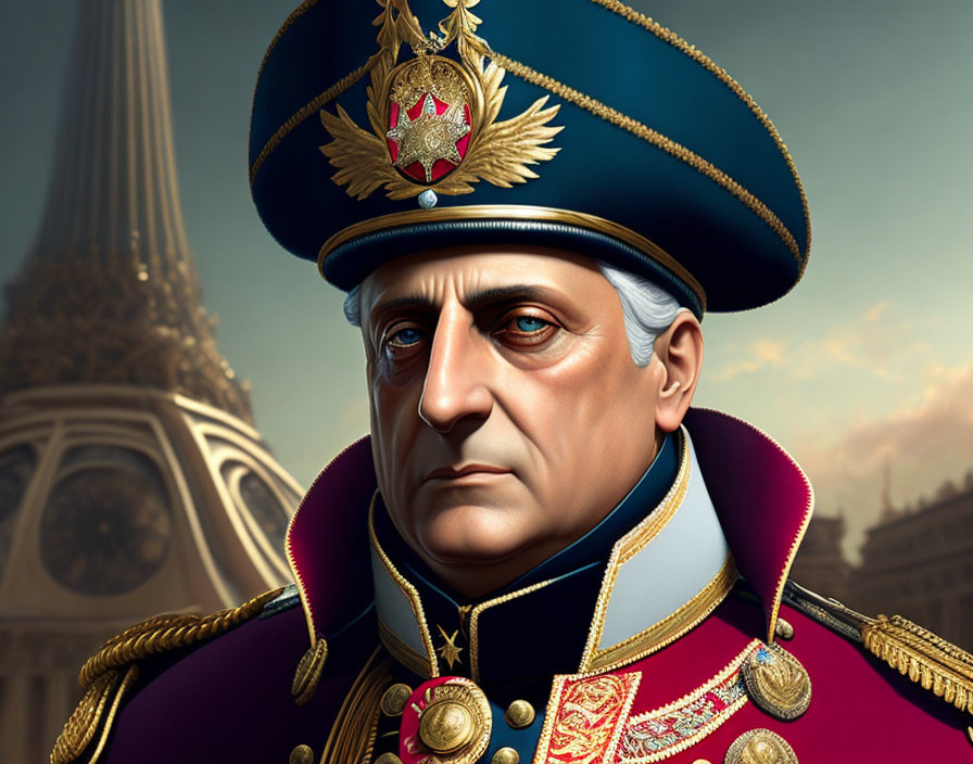 Decorated military man in uniform with Eiffel Tower backdrop