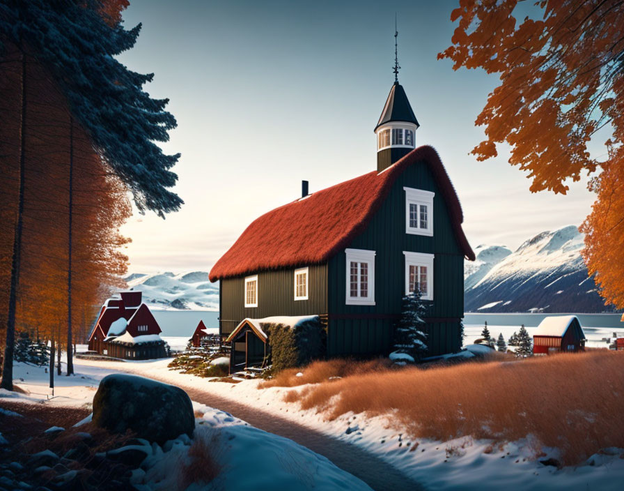 Green house with red roof near lake, autumn trees, snow-capped mountains