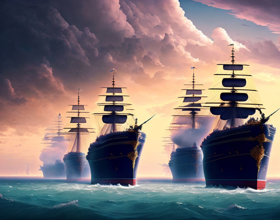 Majestic sailing ships on serene ocean at sunset