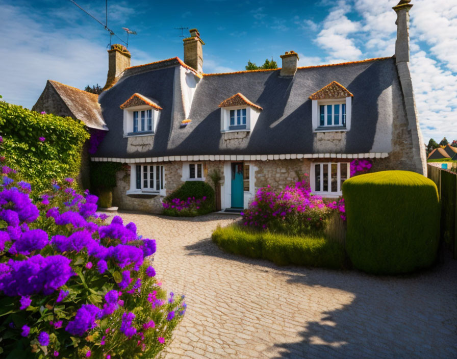 Stone cottage with blue door, dormer windows, purple flowers, and trimmed hedge under blue sky