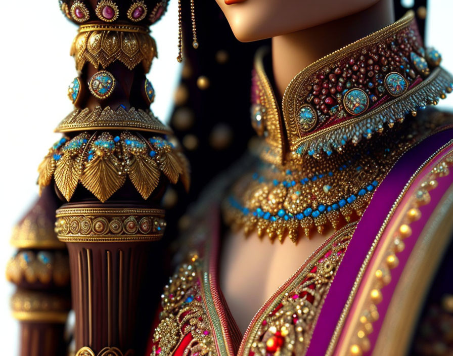 Intricate golden jewelry on adorned figure in purple and gold attire