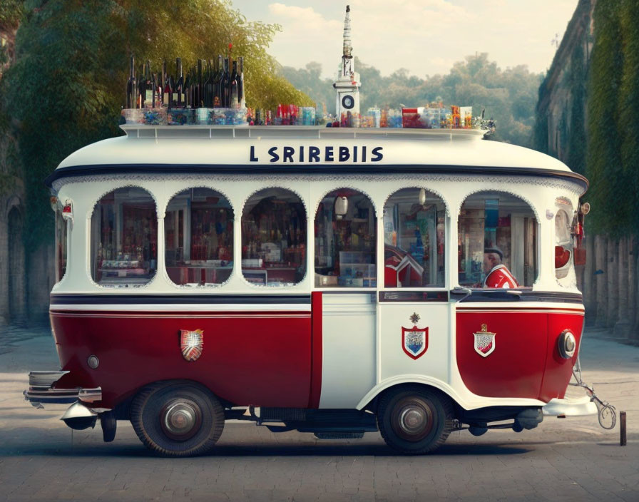 Vintage-Style Mobile Bar Resembling Old Tram on Cobblestone Street