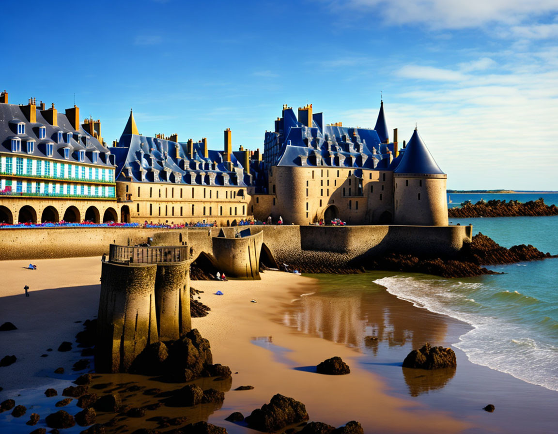 Seaside castle with turrets and walls overlooking sandy beach